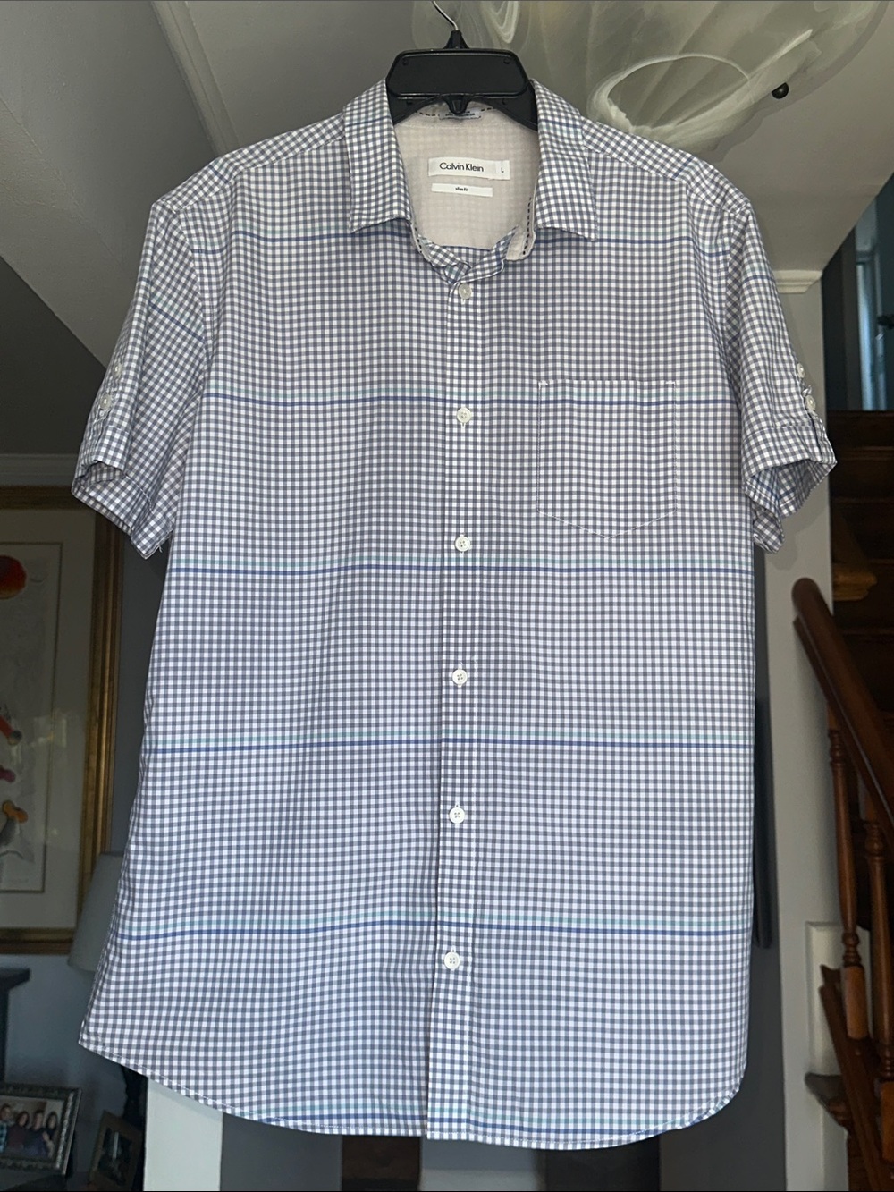 Calvin Klein Short-Sleeve Blue and White Gingham Button-Down Slim Fit Shirt Sz L
